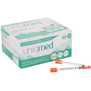 Seringas p/ Insulina c/ Agulha 31G 1,0ml 6mm - Uniqmed - Caixa c/ 100 Unidades