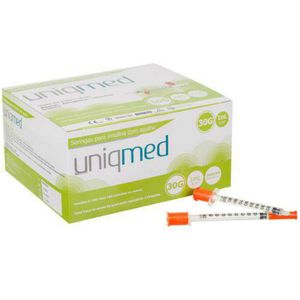 Seringas p/ Insulina c/ Agulha 30G 1,0ml 8mm - Uniqmed - Caixa c/ 100 Unidades